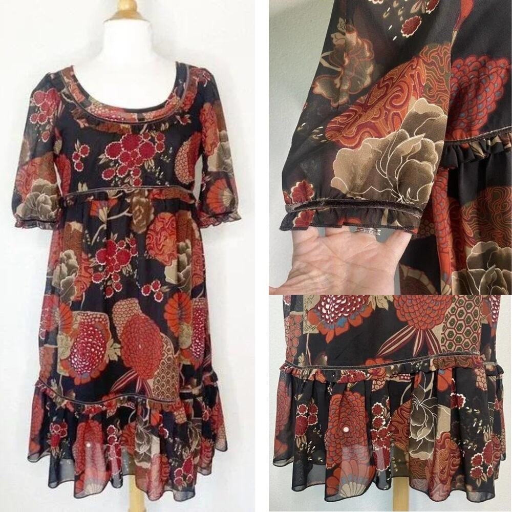 Bila Brown Floral Velvet Trim ruffle Dress Sz M